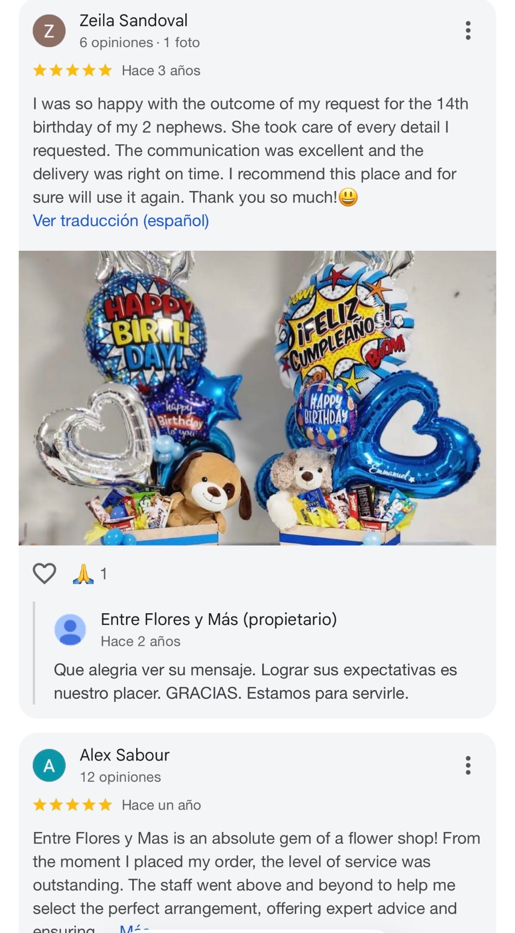Reseña de Zeila Sandoval con foto de arreglos de cumpleaños